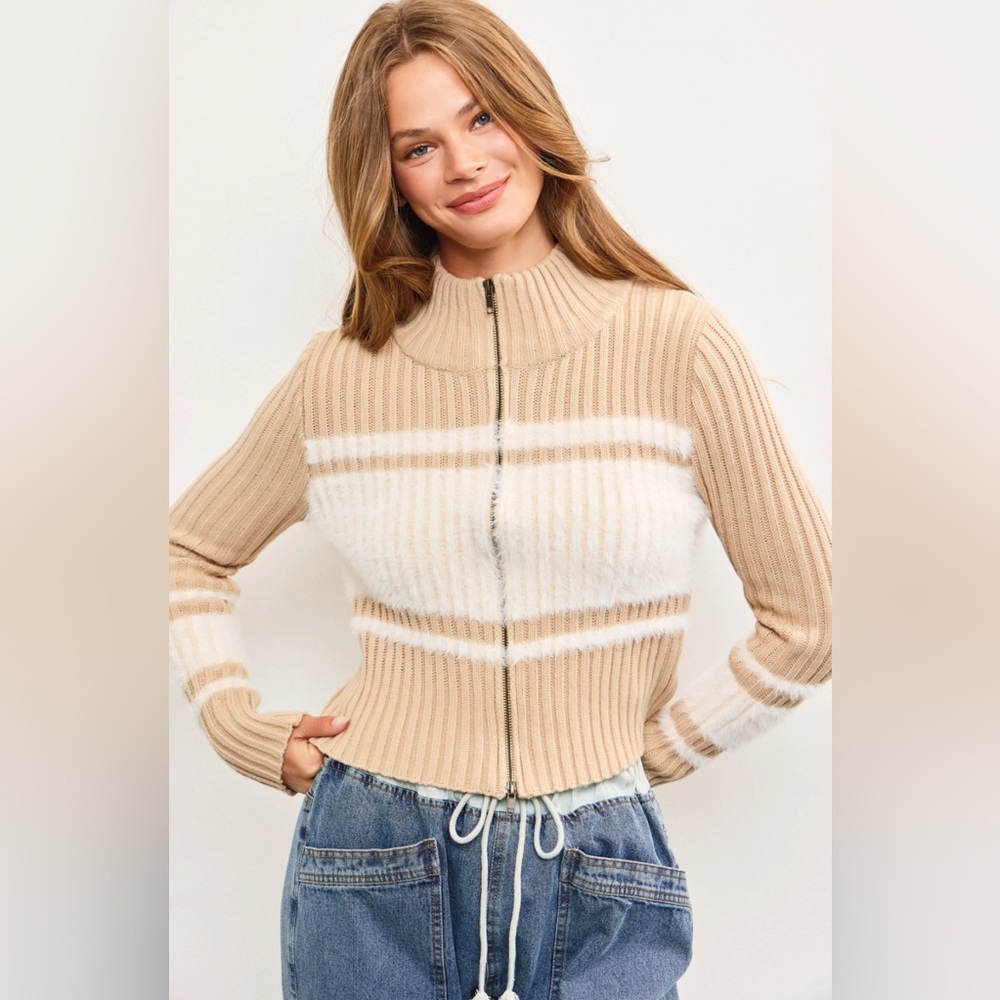 Mustard Seed Tan and White Striped Sweater